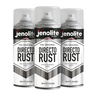 Image of JENOLITE Directorust Gloss Spray Paint WHITE 3 x 400ml Direct To Rust For Metal Multi Surface Wood, Metal, Plastic, Ceramic RAL 9016