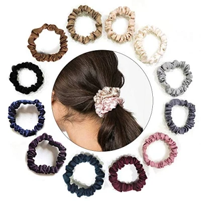 Image of Uni Fine 12Colours Satin Scrunchies, Strong Elastic Satin/Silk Small Scrunchies Solid Color Traceless Hair for Thick/Thin Hair, Non slip Ponytail Holder Bands Set Women Girls Gift