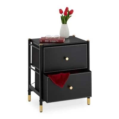 Image of Side Cabinet, 2 Drawers, HxWxD: 55.5 x 46 33 cm, Small Nightstand, for Bedroom &amp; Living Room, Black/Gold Relaxdays