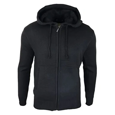Image of Mens Hoodie Jumper Jacket Fleece Fur Lined Top Knitted Warm Winter Casual Zipped Black XXL
