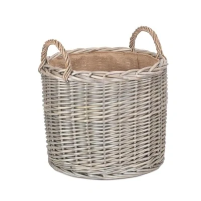 Image of Red Hamper Large Round Lined Straight Sided Wicker Log Storage Basket, Rattan