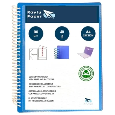Image of Raylu Paper® Ring binder with 90 micron A4 transparent pockets and envelope Velcro closure, customisable cover. 100% biodegradable folder (40 pockets, blue)