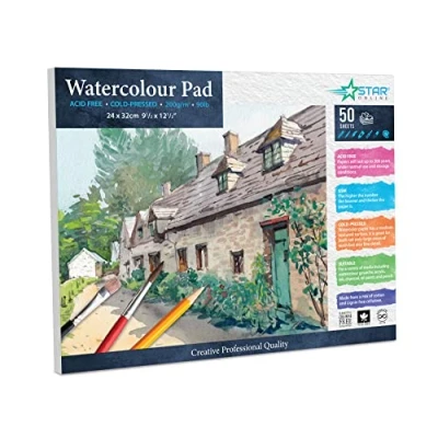 Image of Watercolour Paper Artists Studio Glued Mixed Media Drawing and Techniques Art Pad, 24 x 32 cm, 200 g, 50 Sheets