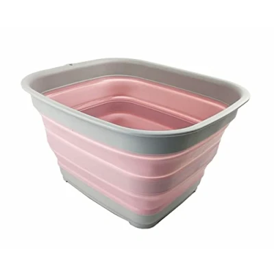 Image of SAMMART 15L Collapsible Tub Foldable Dish Portable Washing Basin Space Saving Plastic Washtub (Grey/Pale Pink)