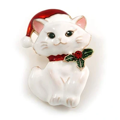 Image of Avalaya Xmas Christmas White Enamel Cat Kitty Brooch in Gold Tone 40mm Tall