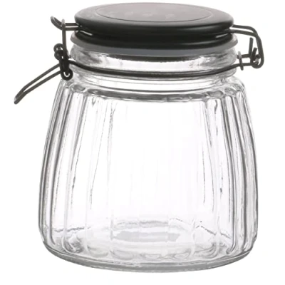 Image of Air Tight Glass Dry Food Storage Preserve Jar with Black Clip Top Lid (1Lt)
