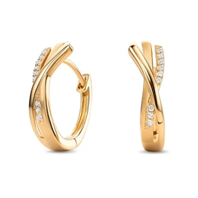 Image of MIORE Yellow Gold Plated CZ Crystal Crossover Hoop Creole Earrings 6 x 16.5mm 925 Sterling Silver in for Women