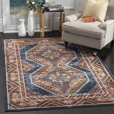 Image of SAFAVIEH Traditional Distressed Rug for Living Room, Dining Bedroom Bijar Collection, Short Pile, in Royal Blue and Rust, 122 X 183 cm