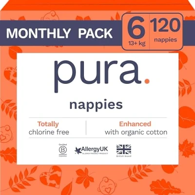 Image of Pura Eco Baby Nappies Size 6 (13kg+ / 29lbs+), x 20 (120 Total), Monthly Pack, Ultra Soft for Sensitive Skin, Organic Cotton, Up to 12hrs Leak Protection, New Guide
