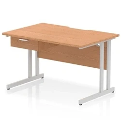Image of Impulse 1200 x 800mm Scalloped Edge Straight Office Desk Oak Top Silver Cantilever Leg Workstation 1 Drawer Fixed Pedestal