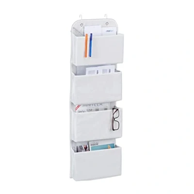 Image of Relaxdays Organiser, 4 Compartments, Hanging Door Storage, Office, Bedroom, Bathroom, Hooks, White, Fleece, 104 x 31 10 cm