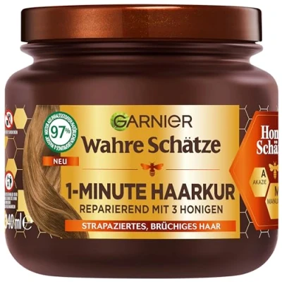 Image of Garnier True Treasures Repairing 1 Minute Hair Treatment for Brittle and Damaged Hair, with Acacia Honey Beeswax Less Split Ends Breakage, x 340 ml
