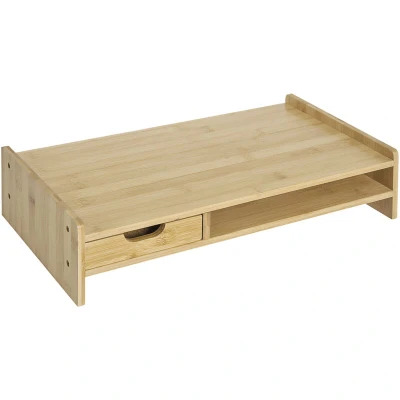 Image of HOMCOM Monitor Riser Laptop PC Plinth Stand TV Computer Desktop Organiser W/Drawer Bamboo