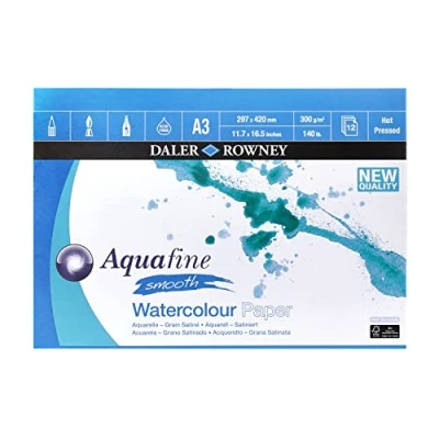 Image of Daler Rowney Aquafine Smooth Hot Pressed Watercolour &amp; Gouache A3 300gsm Paper Pad, Glued 1 Side, Natural White, 12 Sheets, Ideal for Professional Beginner Artists Students, Acid Free