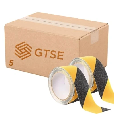 Image of GTSE 5 Rolls, Anti Slip Adhesive Tape, 5m x 50mm (2&quot;), Black/Yellow Hazard Warning Floor Marking Premium Abrasive Roll