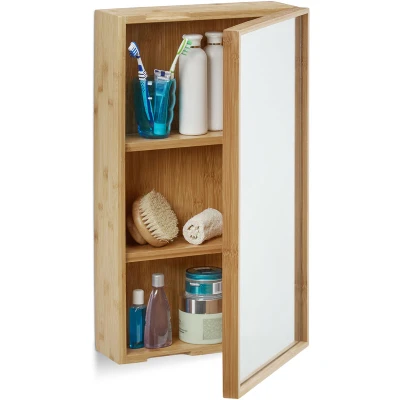 Image of Relaxdays Bathroom Bamboo Mirror Cabinet, Natural