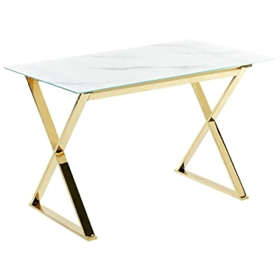 Image of Beliani Glamour Dining Room Table Tempered Glass Glossy Top Marble Effect Gold Legs 120 x 70 cm Attica