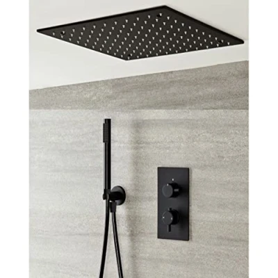 Image of Milano Nero Black Concealed Thermostatic Mixer Valve Square Ceiling Mounted Recessed Head Hand Shower