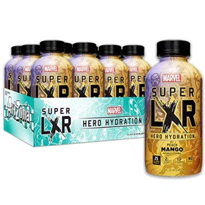 Image of Arizona x Marvel Super LXR Peach Mango Hero Hydration Drink, Pack of 12 473ml PET Bottles Sports Drink with Electrolytes &amp; Vitamins