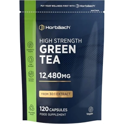Image of Green Tea Capsules 12480mg High Strength Extract 120 Powder Vegan &amp; Vegetarian by Horbaach