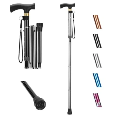 Image of supregear Folding Walking Stick, 5 Level Adjustable Height Aluminum Foldable Cane with T Handle and Anti Lost Wrist Strap, Non Slip Collapsible Balancing Mobility Aid for Elderly Disabled