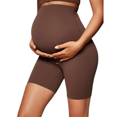 Image of CRZ Yoga Women&#039;s Butterluxe 6&quot; Maternity Shorts Over The Belly Bump Sports Biker Pregnancy Leggings Coffee Brown 16