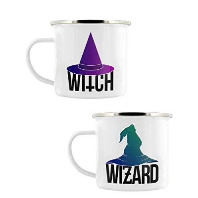 Image of Grindstore Witch &amp; Wizard Enamel Mug Set White 8cm