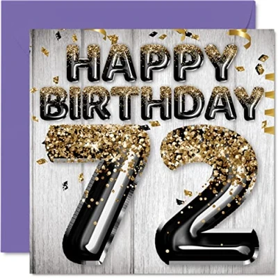 Image of 72nd Birthday Card for Men Black &amp; Gold Glitter Balloons Happy Cards 72 Year Old Man Dad Great Grandad Grandpa Gran, 145mm x Seventy Two Second Greeting Gift