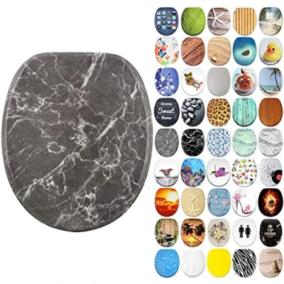 Image of Soft Close Toilet Seat Stable Hinges Easy to Mount Many Different Designs (Marble Grey)
