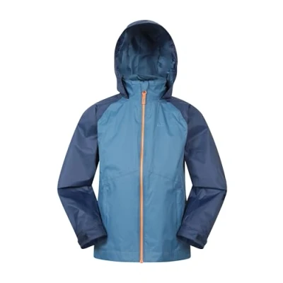 Image of Mountain Warehouse Torrent Kids Waterproof Rain Jacket Taped Seams Raincoat, Lightweight, Breathable, Girls &amp; Boys Rainwear For Autumn, Winter, Wet Weather Blue Size 9 10 Years