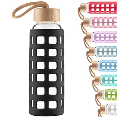 Image of Cleesmil Sports Glass Water Bottle with Silicone Sleeve Bamboo Lid BPA Free 1000 ml / 1 litre (Black)