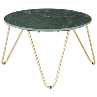 Image of vidaXL Rectangular Coffee Table in Green Real Stone with Marble Texture and Brass Powder Coated Iron Frame for Living Room, Dining Kitchen 65x65x42 cm