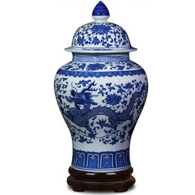 Image of ufengke Jingdezhen Classic Blue and White Porcelain Dragon Temple Ceramic Ginger Jar Vase,China Ming Style,Height 15&quot;(38cm)