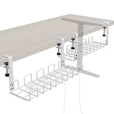 Image of Desktop cable duct can be clamped for a tidy workplace tool free 2 way assembly stows cables &amp; power strips (2 x size M, white grid design, organiser/cable management) KD Essentials
