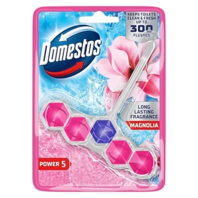 Image of Domestos Power 5 Magnolia toilet Rim Block freshener with a long lasting fragrance cleans and freshens for up to 300 flushes 50 g
