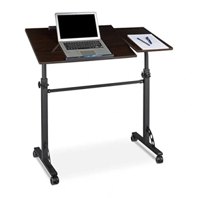 Image of Relaxdays XXL Laptop Table Height Adjustable, 110 x 100 50 cm, Wood, Mobile Lecturn, Wheels with Brakes, Notebooks, Projecters, Laptops, 2 Surfaces, Ebony Black