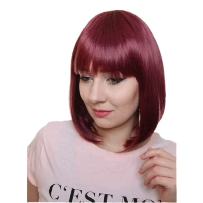 Image of Prettyland Plum Red Purple Mid length BOB Cut Short Hair Wig Straight Bangs Natural Matt for Daily Use C2436