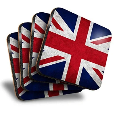 Image of Destination Vinyl ltd Great Coasters (Set of 4) Square Union Jack Flag GB UK England Drink Glossy Coasters/Tabletop Protection for Any Table Type #2240