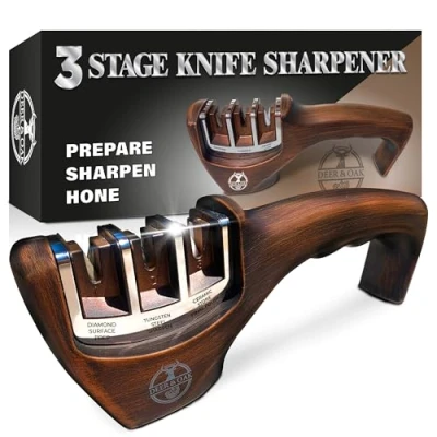 Image of Deer &amp; Oak Knife Sharpener 3 Stage Manual for Sharpening Kitchen Knives Ceramic Stone, Tungsten Carbide Plates Diamond Rods UK Wood Effect Finish