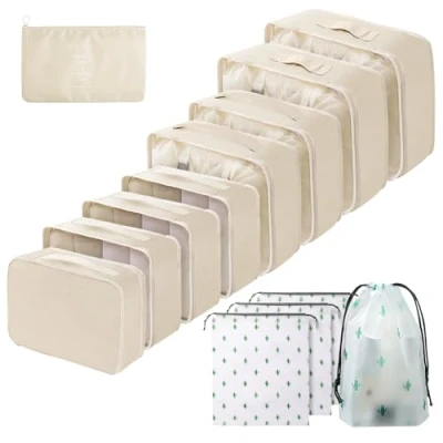Image of Gemtte Suitcase Organiser Set, 13 Pieces, Waterproof Packing Cubes, Multifunctional Travel Organiser, Bags for Suitcases, Set with Clothes (Beige)