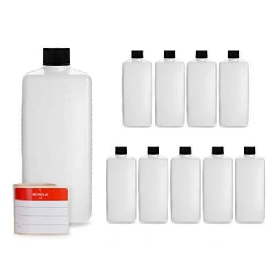 Image of Octopus 10x 500 ml plastic bottles, HDPE bottles with black screw caps, empty square incl. labels