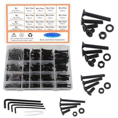 Image of HVDHYY M3 M4 M5 M6 Nut and Bolt Set Black Hex Flat Head Machine Screws &amp; Nuts Washers Assortment kit Socket With a Reusable Storage Box 4 Wrenches 500pcs