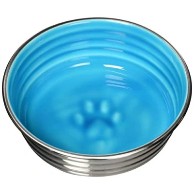 Image of Loving Pets Le Bol Glazed Interior Stainless Steel Dog Bowl Non Slip Dishwasher Safe Durable Pet Dish Seine Blue Small (500 ml)