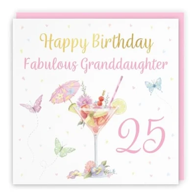 Image of Hunts England 25th Granddaughter Pink Cocktail And Butterflies Birthday Card Luxury Gold Foil Milo&#039;s Gallery Age 25 Elegant For Twenty Five