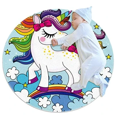 Image of Yuzheng Unicorn Animal Blue Round Outdoor Mats Area Rugs Non slip Machine Washable Baby Play Mat Woman Yoga Highchair Splat Circular Rug Home Decorator Super Soft Circle 80x80cm