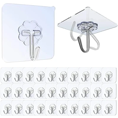 Image of Self Adhesive Hooks, 30Pcs Sticky Hooks for Hanging, Heavy Duty 10kg (Max) Seamless Transparent Waterproof and oil resistant, Wall Kitchen Bathroom Office Closet (30pcs)