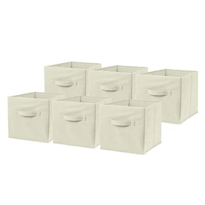 Image of Set of 6 Large Foldable Square Storage Cubes, Fabric Organiser Canvas Cube Boxes Collapsible for Home, Bedroom, Nursery Office, Playroom Toys, 28 x cm (Beige)