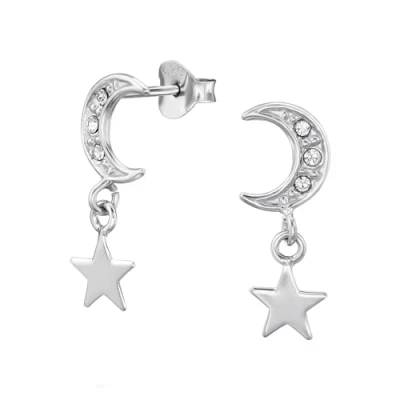 Image of The Rose &amp; Silver Company Women Girls 925 Sterling Rhodium Plated Moon Star Crystals Dangle Stud Earrings