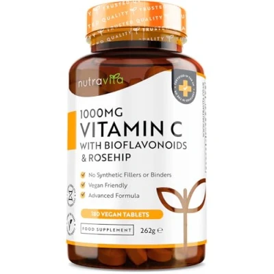 Image of Vitamin C 1000mg 180 Premium Vegan &amp; Vegetarian Tablets 6 Month Supply High Strength Ascorbic Acid with Added Bioflavonoids Rosehip Normal Immune System Made in The UK by Nutravita