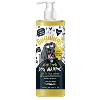 Image of BUGALUGS Dog Shampoo For Itchy Skin Antibacterial And Antifungal Natural Medicated Safe Sensitive Formula Fast Absorbing Cooling First Aid relief Cuts Grazes Irritation